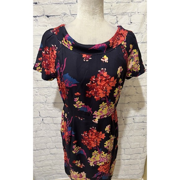 Boden Floral Sheath Silk Blend Roll Collar Dress Navy Size 8 - Picture 2 of 7